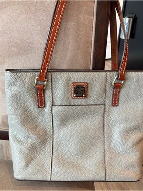 Dooney & Bourke Pebbled Leather Light Beige/soft gray Tote with Brown Straps